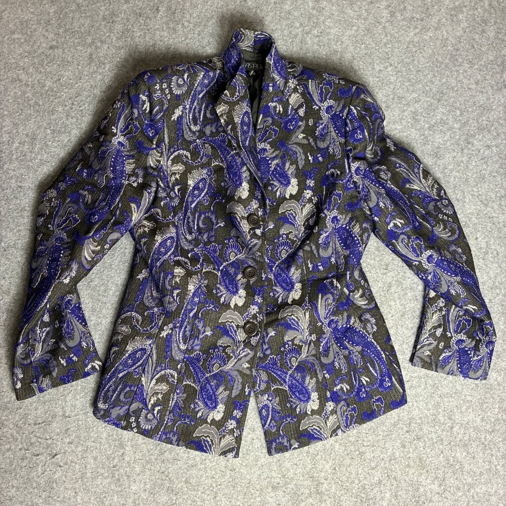 Kasper Women 8P Blue Silver Paisley Brocade Blazer Jacket Petite 3-Button Lined